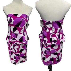 NWT Worthington Stretch Strapless Pink Purple Patterned Peplum Knee Length Dress